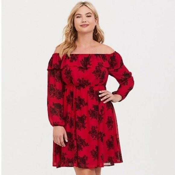 Torrid Mini Chiffon Off-Shoulder Skater Dress | Red & Black Floral | Size 4X - Picture 1 of 10